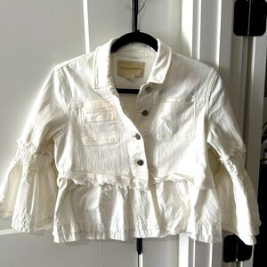 Off white denim cropped, fringe, ruffle, 3/4 sleeve Anthropologie jacket